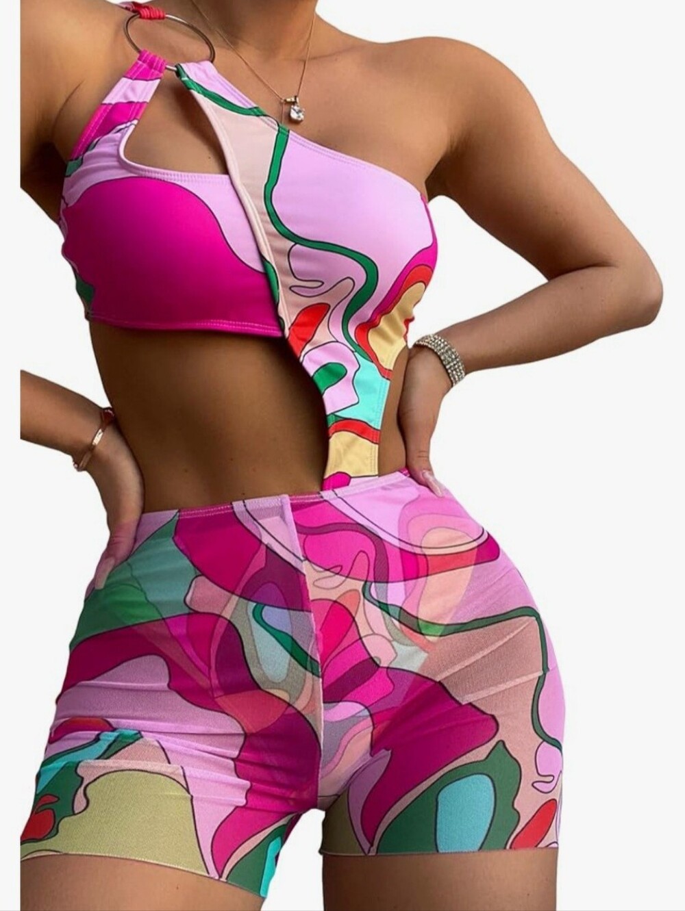 MakeMeChic One Shoulder Cut Out Monokini Bathing Suit W/ Cover Up Shorts Size M